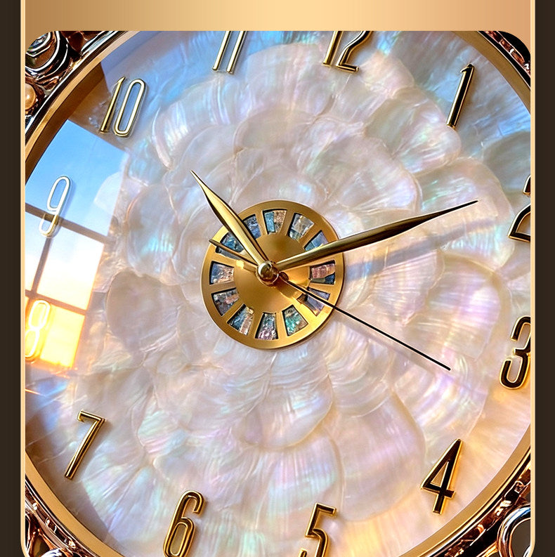 Large Gold Floral Wall Clock, Decorative Shell Style Clock with Crystal Style Accents, Silent Battery Operated Round Wall Clock for Living Room, Dining Room, Entryway, Bedroom Decor