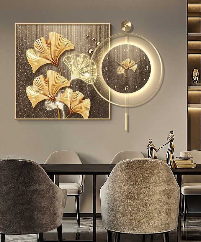 Modern Ginkgo Wall Clock 28 Inch, Gold Floral Wall Art with Black Metal Frame