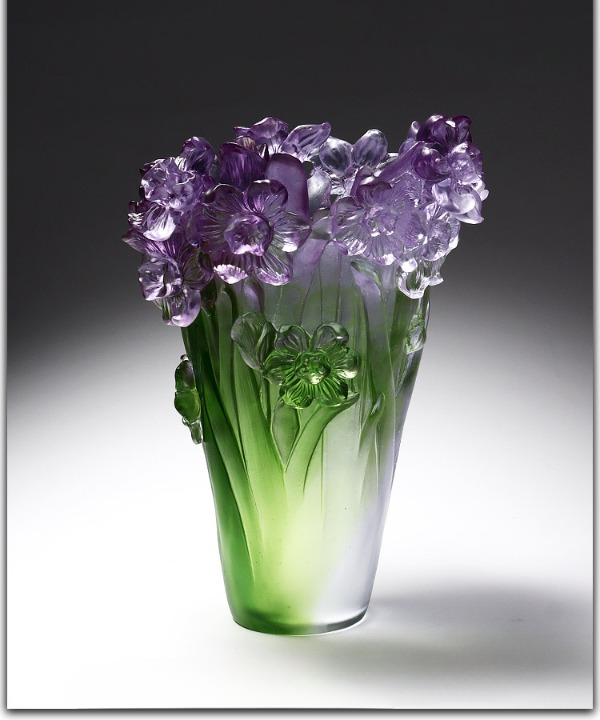 Purple Art Glass Daffodil Vase with Sculpted Flowers, Green Decorative Vase
