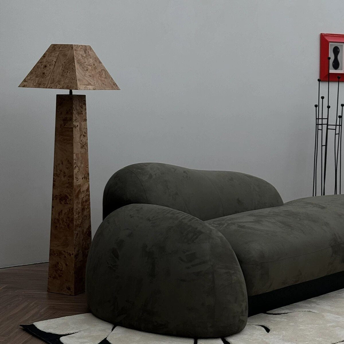 Burl Wood Veneer Floor Lamp, Geometric Standing Lamp with Matching Wood Shade, Art Deco Inspired Accent Floor Light for Living Room Bedroom Hotel Villa Decor