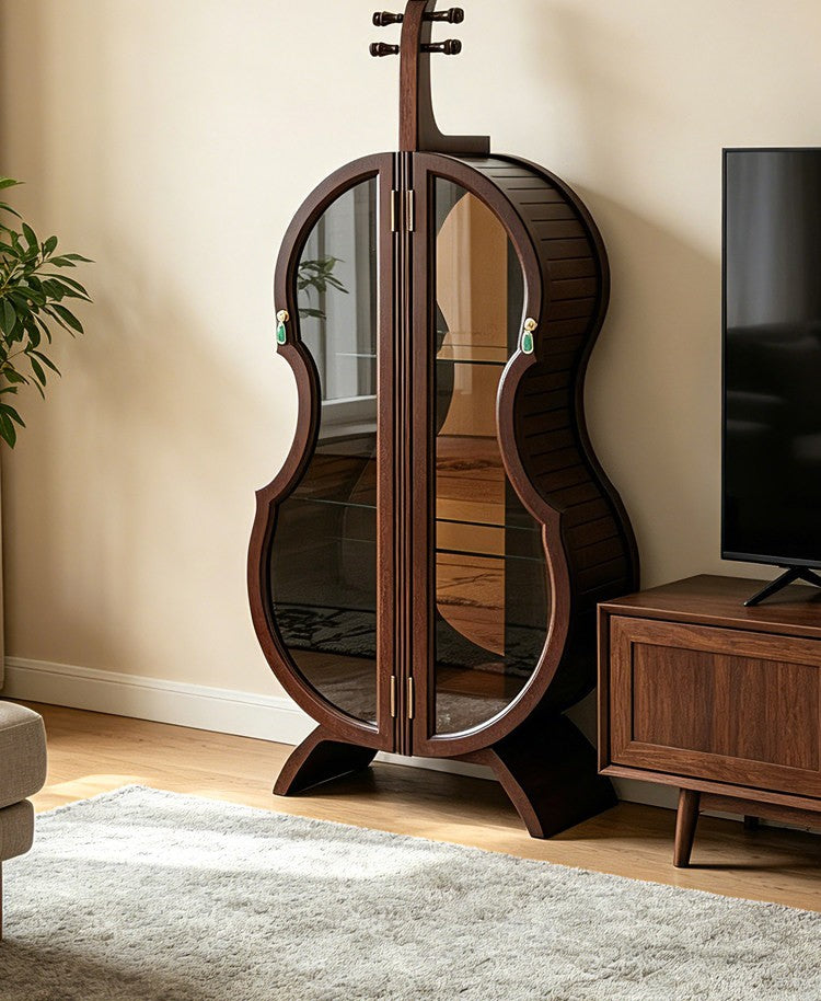 Solid Wood Violin Wine Cabinet with Glass Doors and LED Light