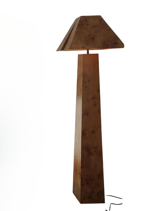 Burl Wood Veneer Floor Lamp, Geometric Standing Lamp with Matching Wood Shade, Art Deco Inspired Accent Floor Light for Living Room Bedroom Hotel Villa Decor