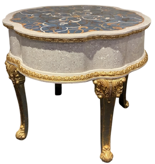 Luxury Round Accent Coffee Table with Decorative Pattern Top, Elegant Wood Side Table with Gold Carved Legs for Living Room
