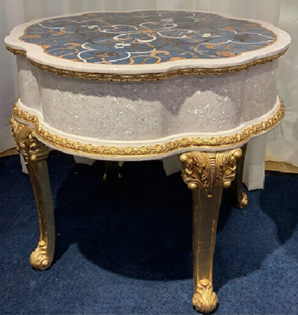 Luxury Round Accent Coffee Table with Decorative Pattern Top, Elegant Wood Side Table with Gold Carved Legs for Living Room