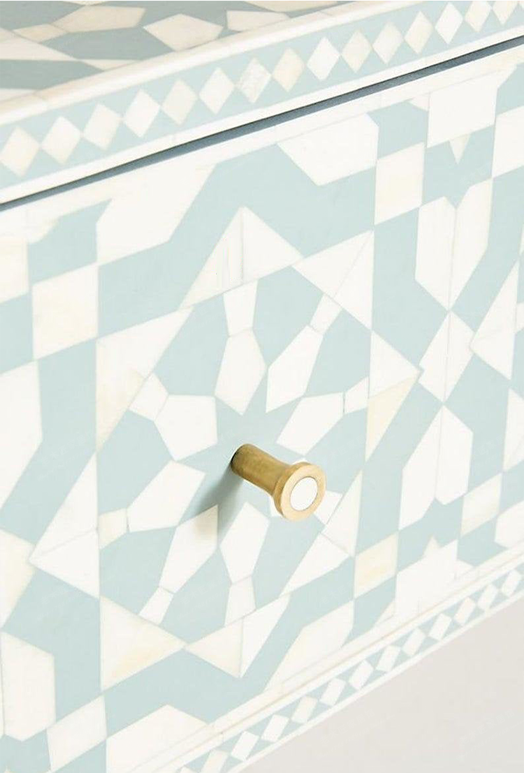 Blue White Geometric 9 Drawer Dresser, Solid Wood Accent Chest with Gold Tone Legs, Hand Painted Style Sideboard Storage Cabinet for Entryway, Living Room, Bedroom