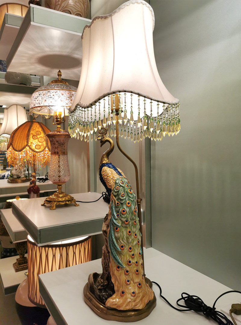 Peacock Table Lamp with Beaded Fabric Shade, Luxury Bird Statue Bedside Lamp, Decorative Accent Lighting for Living Room, Bedroom, Office, Study Room, Nightstand and Console Table