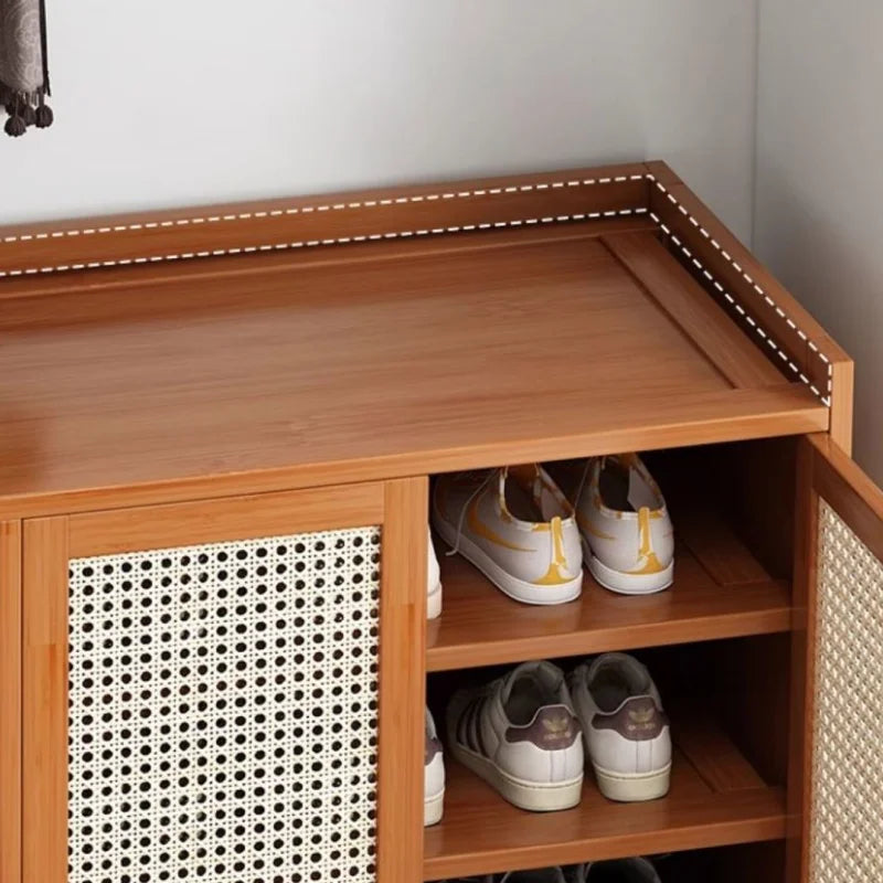 Walnut Bamboo Shoe Cabinet with 4 Cane Doors and Shelves