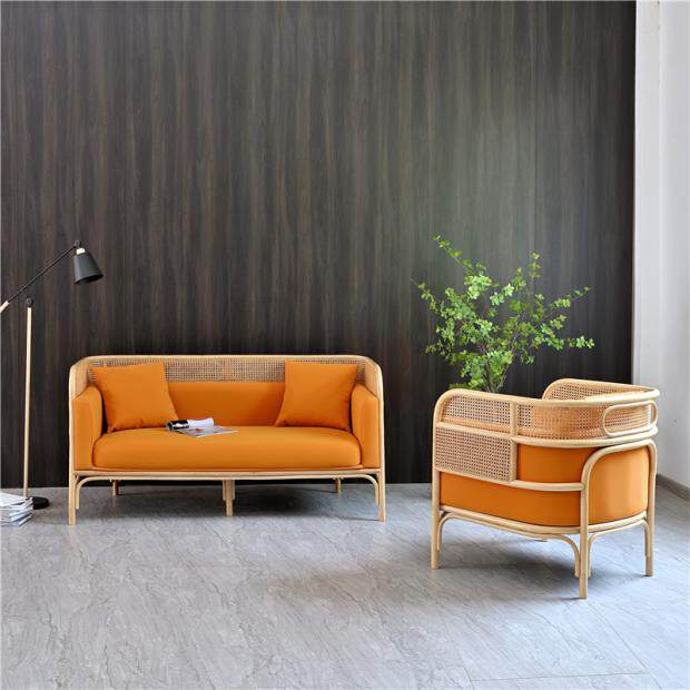 Orange Cane Sofa, Upholstered 3 Seater Rattan Couch with Cushions, Modern Wicker Lounge Sofa for Living Room, Sunroom, Hotel Lobby, Cafe, Reception Area, and Covered Patio