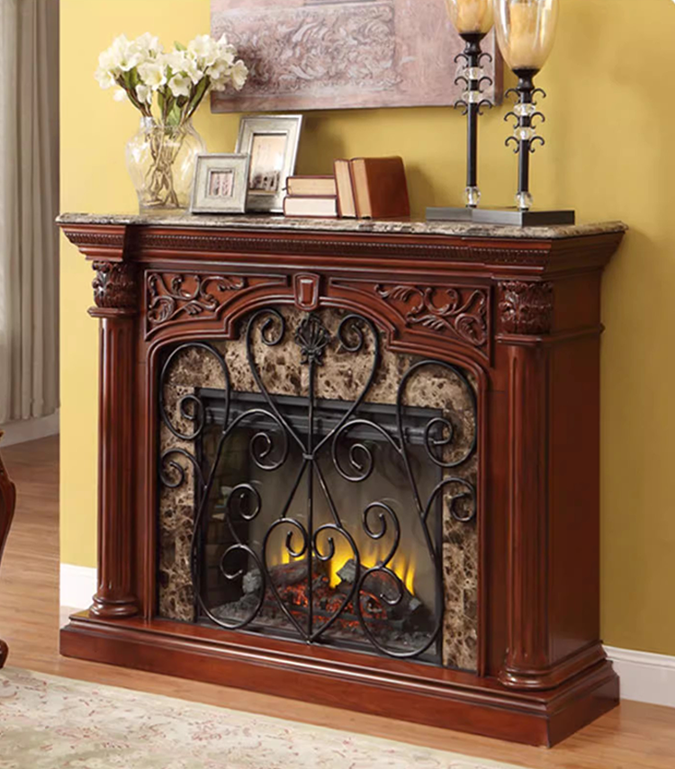 Solid Oak Electric Fireplace Mantel with Marble Top and Insert