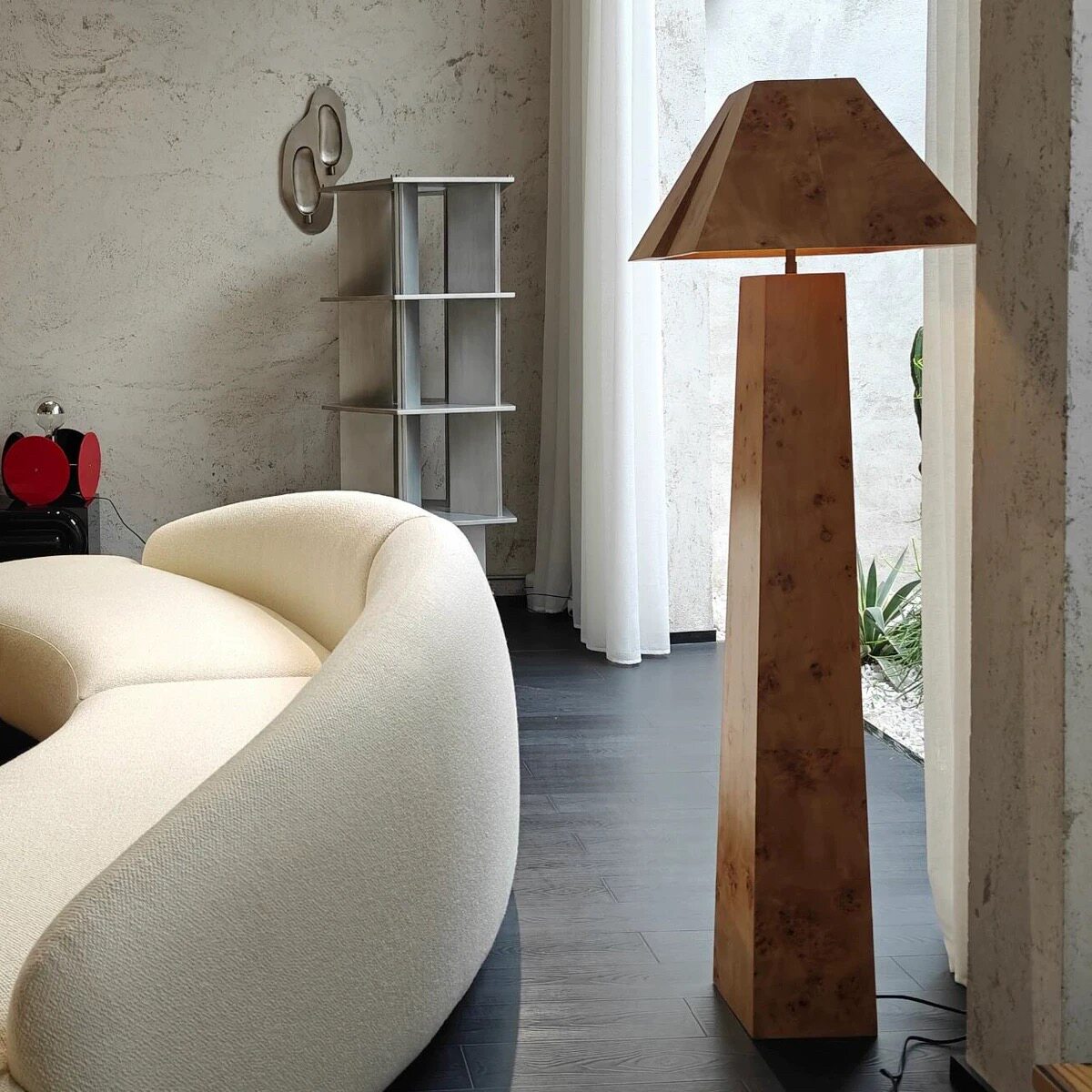 Burl Wood Veneer Floor Lamp, Geometric Standing Lamp with Matching Wood Shade, Art Deco Inspired Accent Floor Light for Living Room Bedroom Hotel Villa Decor