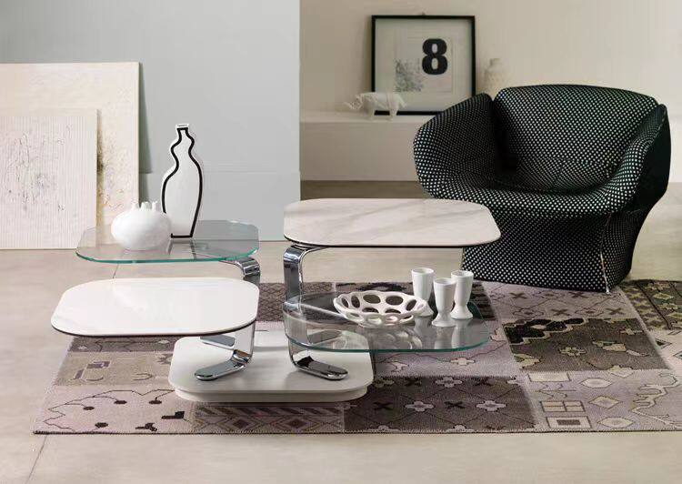 Rotating Coffee Table with Tempered Glass and Sintered Stone Tops, Modern Multi-Layer Swivel Cocktail Table with Stainless Steel Frame, Extendable Center Table for Living Room, Lounge, Apartment
