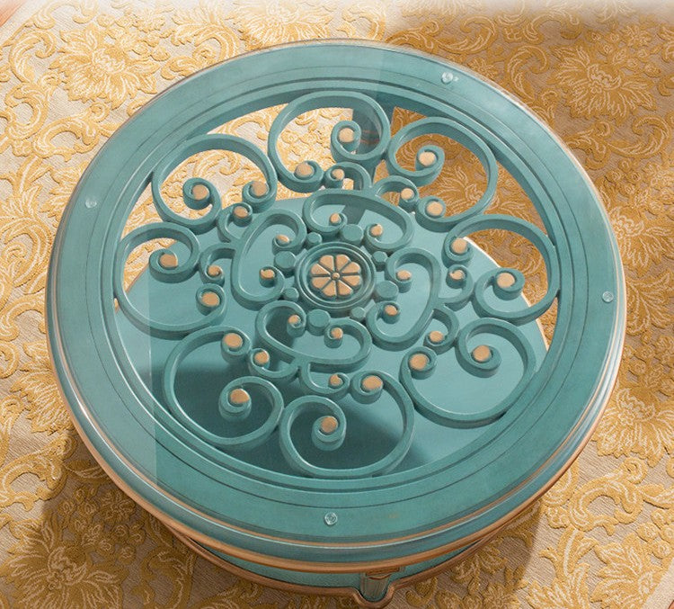 Round Solid Wood Coffee Table with Tempered Glass Top, Vintage Blue Carved Center Table, 39.4 Inch Rustic Living Room Tea Table