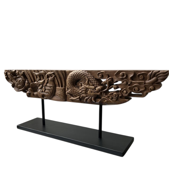Dragon Phoenix Wood Sculpture, Carved Tabletop Decor, 33.1 Inch