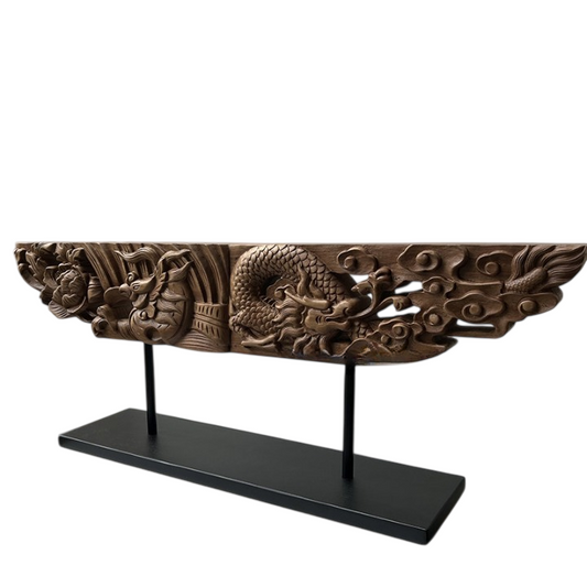 Dragon Phoenix Wood Sculpture, Carved Tabletop Decor, 33.1 Inch
