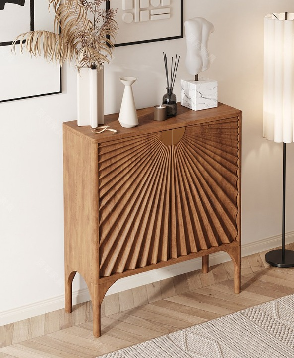 Walnut Brown Carved Wood Entryway Cabinet, Modern Accent Storage Cabinet, Sunburst Door Sideboard Console for Foyer, Living Room, Dining Room, Hallway, Bedroom