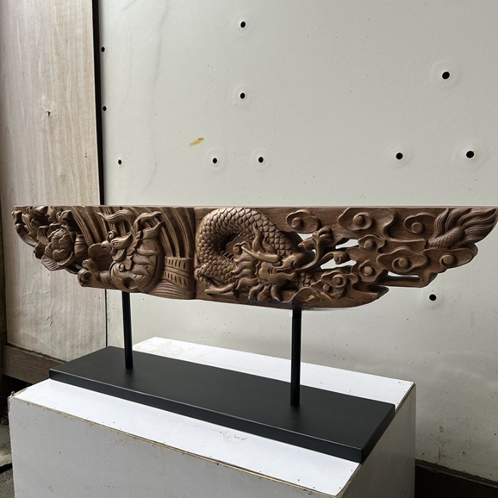 Dragon Phoenix Wood Sculpture, Carved Tabletop Decor, 33.1 Inch