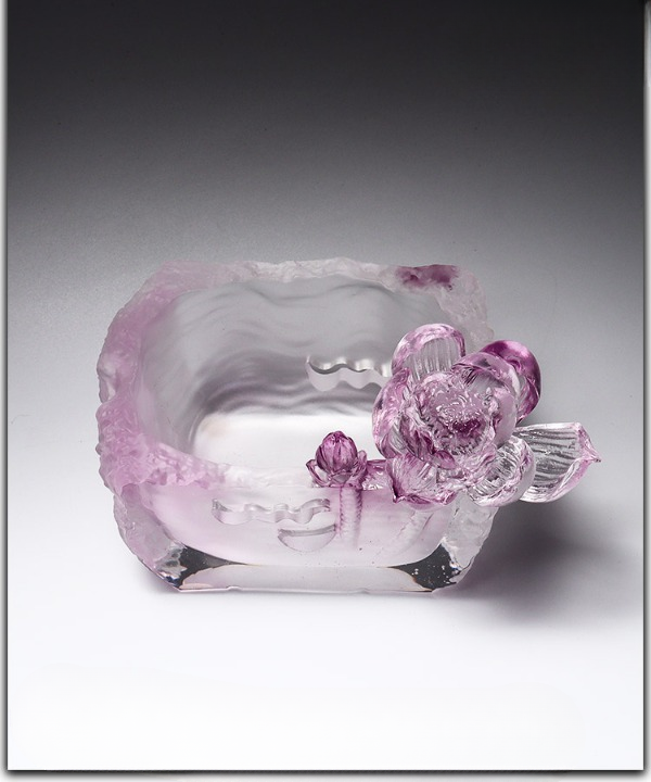 Pink Lotus Art Glass Trinket Dish, Decorative Key and Jewelry Tray