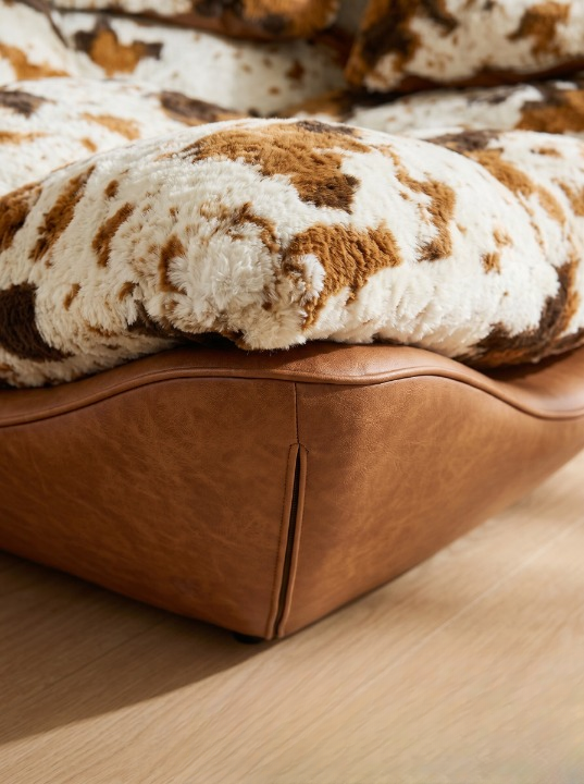 Cow Print Faux Fur Chaise Lounge Chair with Brown Leather-Look Base