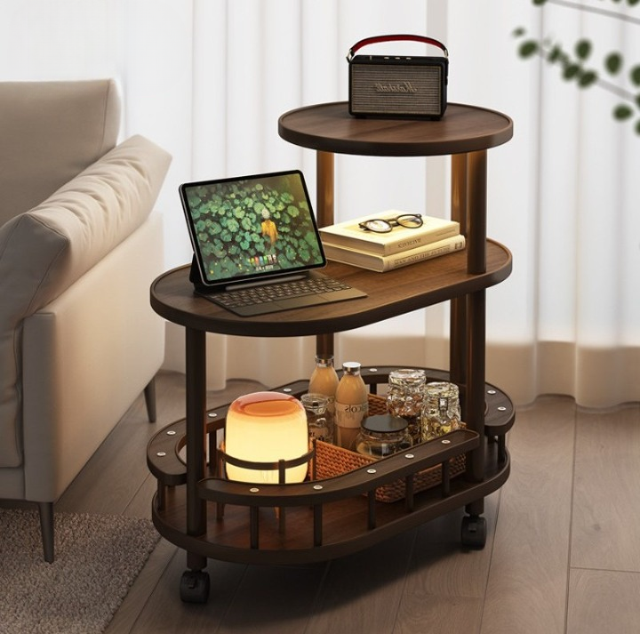 Walnut Brown 3-Tier Sofa Side Table with Shelves, Solid Wood