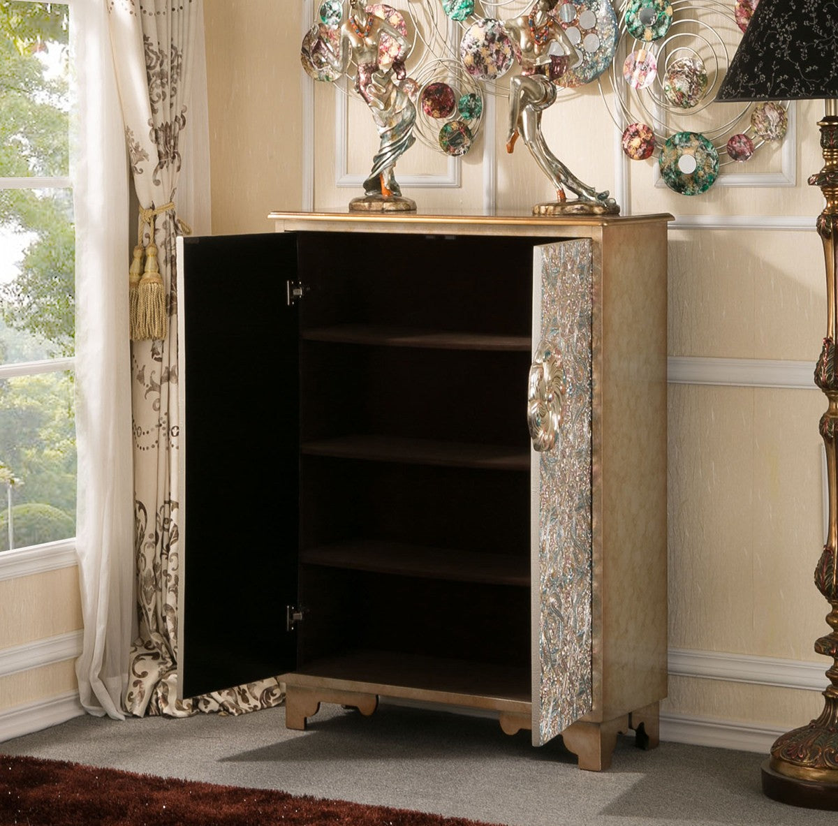 Floral 2-Door Accent Cabinet, Tall Entryway Storage, Pale Blue