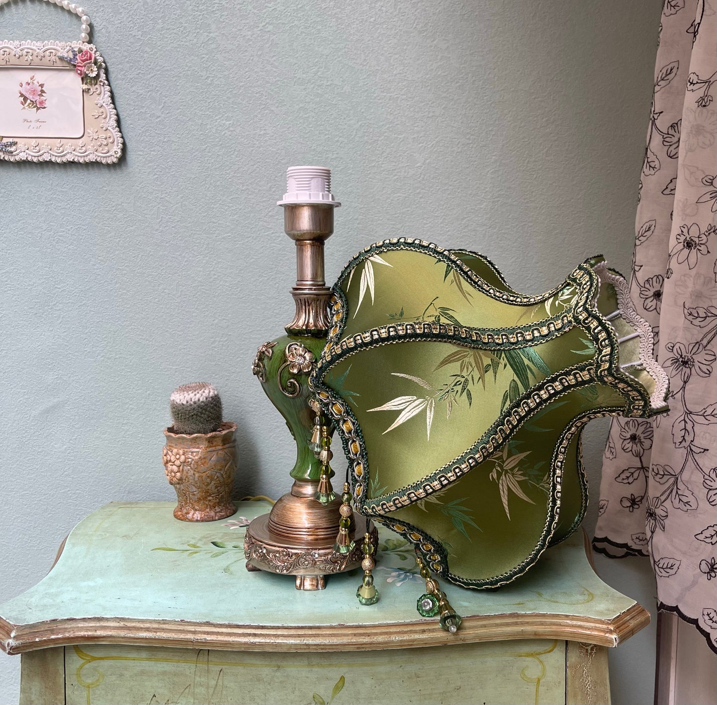 Vintage Green Bamboo Table Lamp with Fabric Shade, Beaded Fringe and 3-Way LED Bulb
