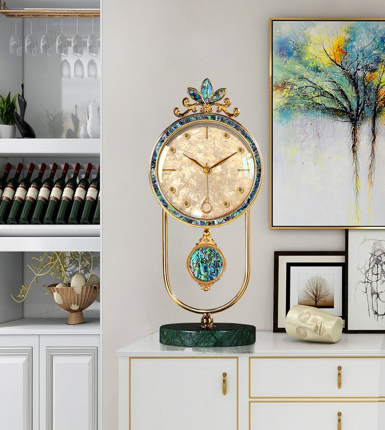 Gold and Iridescent Shell-Inlay Pendulum Table Clock, Decorative Mantel Clock with Crystal-Style Hour Markers and Green Marble Base for Living Room, Office, Bedroom and Console Table