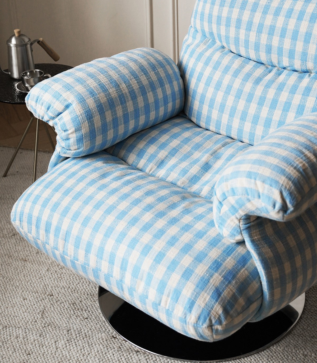 Blue Gingham Swivel Accent Chair, Upholstered Lounge Chair with Plush Down Blend Cushioning, Small Single Sofa Chair for Living Room, Bedroom, Reading Nook, Nursery, Apartment