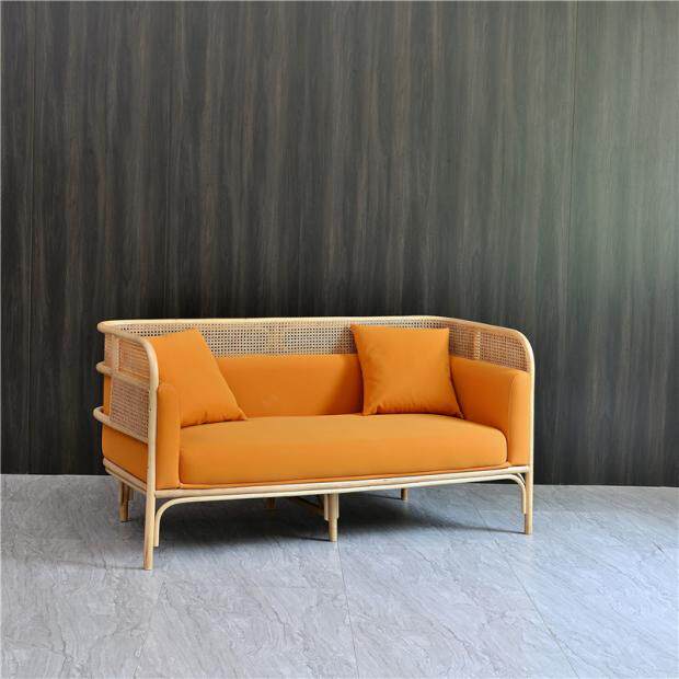 Orange Cane Sofa, Upholstered 3 Seater Rattan Couch with Cushions, Modern Wicker Lounge Sofa for Living Room, Sunroom, Hotel Lobby, Cafe, Reception Area, and Covered Patio