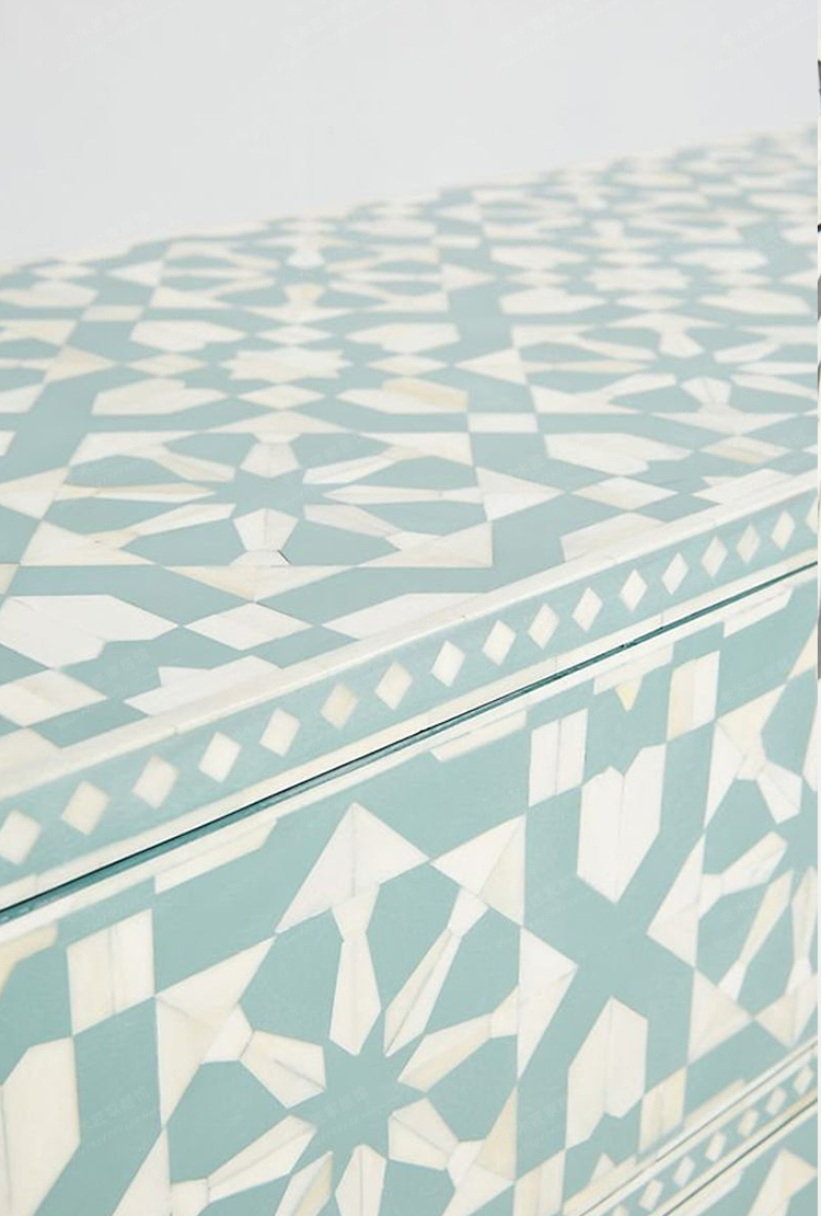Blue White Geometric 9 Drawer Dresser, Solid Wood Accent Chest with Gold Tone Legs, Hand Painted Style Sideboard Storage Cabinet for Entryway, Living Room, Bedroom
