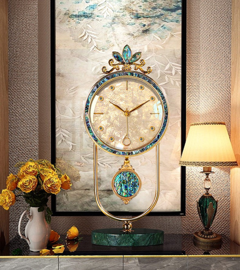 Gold and Iridescent Shell-Inlay Pendulum Table Clock, Decorative Mantel Clock with Crystal-Style Hour Markers and Green Marble Base for Living Room, Office, Bedroom and Console Table