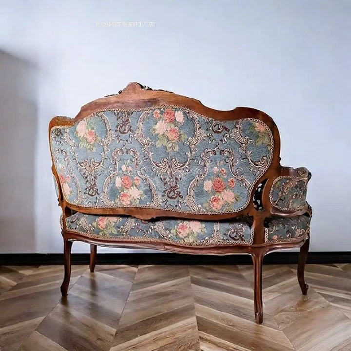Floral Upholstered 3-Seat Sofa with Carved Solid Wood Frame, Blue