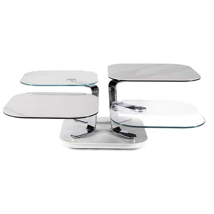 Rotating Coffee Table with Tempered Glass and Sintered Stone Tops, Modern Multi-Layer Swivel Cocktail Table with Stainless Steel Frame, Extendable Center Table for Living Room, Lounge, Apartment