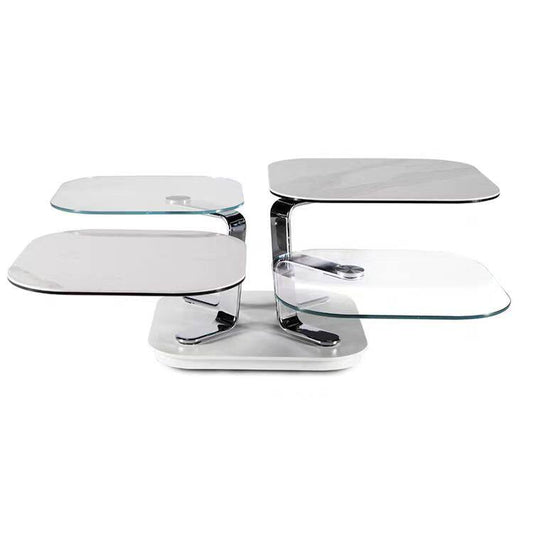 Rotating Coffee Table with Tempered Glass and Sintered Stone Tops, Modern Multi-Layer Swivel Cocktail Table with Stainless Steel Frame, Extendable Center Table for Living Room, Lounge, Apartment