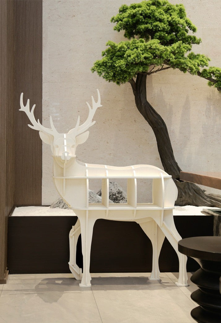 Ivory White Deer-Shaped Bookcase with Open Shelves