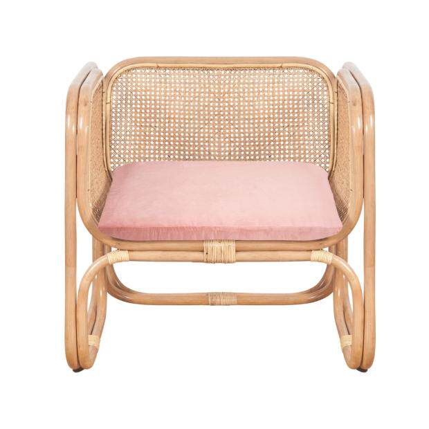 Rattan Accent Chair with Pink Cushion, Natural Cane Lounge Chair, Boho Wicker Armchair for Living Room, Bedroom, Balcony, Sunroom, Covered Patio, Reading Nook, Cafe, and Apartment Decor