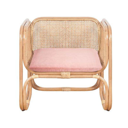 Rattan Accent Chair with Pink Cushion, Natural Cane Lounge Chair, Boho Wicker Armchair for Living Room, Bedroom, Balcony, Sunroom, Covered Patio, Reading Nook, Cafe, and Apartment Decor