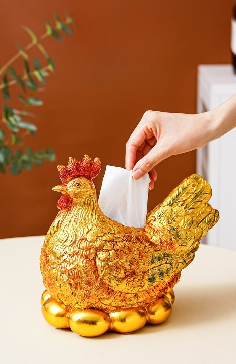 Gold Hen Tissue Box Holder, Decorative Chicken Tissue Dispenser, Gold-Tone Hen Figurine Napkin Holder with Egg Base, Farmhouse Table Decor for Living Room, Kitchen, Office, Entryway