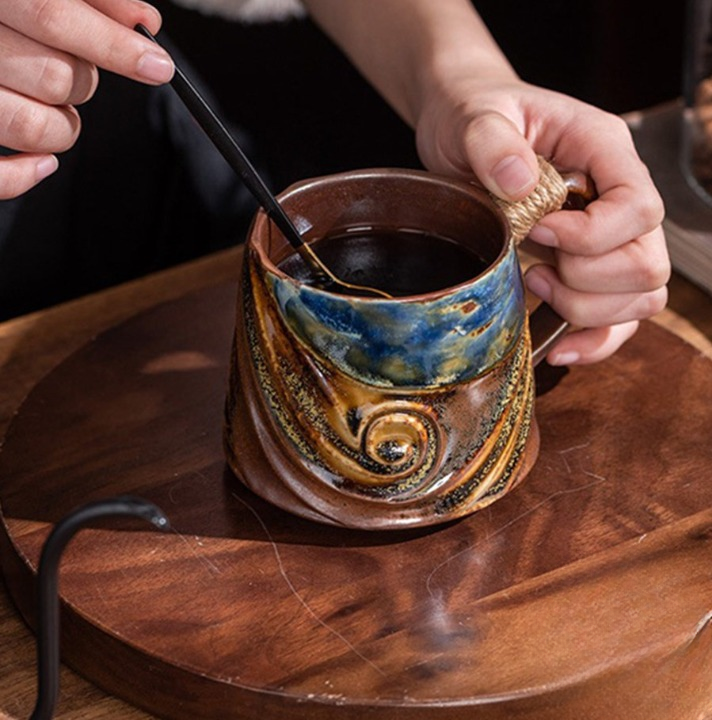 Blue Brown Ceramic Coffee Mug with Rope-Wrapped Handle, 10.8 oz