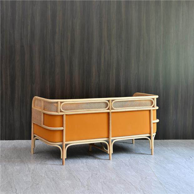 Orange Cane Sofa, Upholstered 3 Seater Rattan Couch with Cushions, Modern Wicker Lounge Sofa for Living Room, Sunroom, Hotel Lobby, Cafe, Reception Area, and Covered Patio