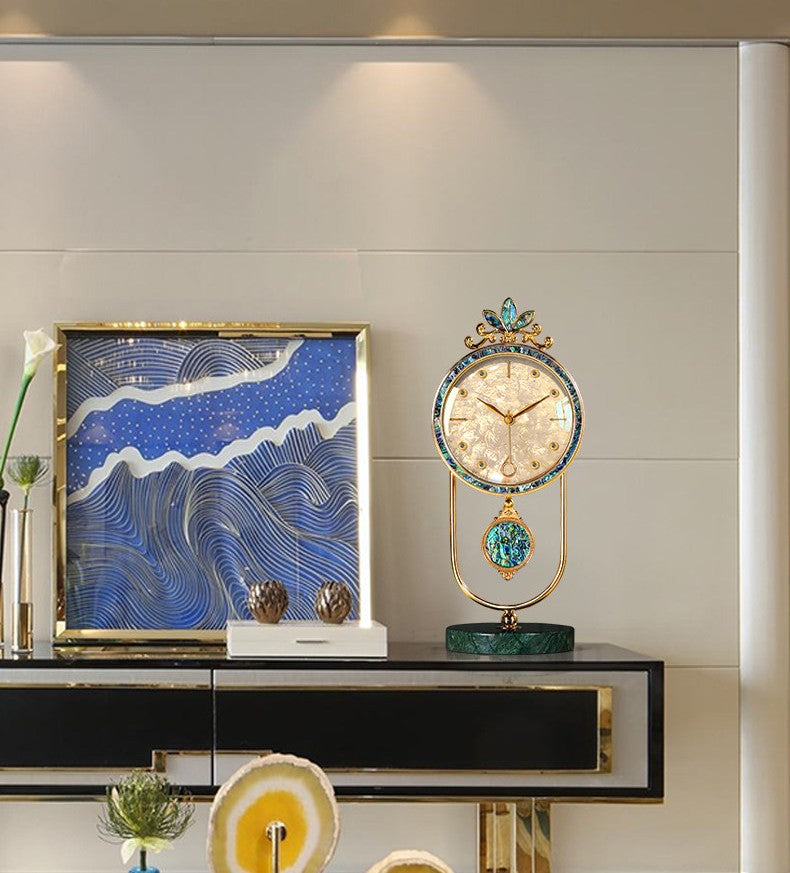 Gold and Iridescent Shell-Inlay Pendulum Table Clock, Decorative Mantel Clock with Crystal-Style Hour Markers and Green Marble Base for Living Room, Office, Bedroom and Console Table