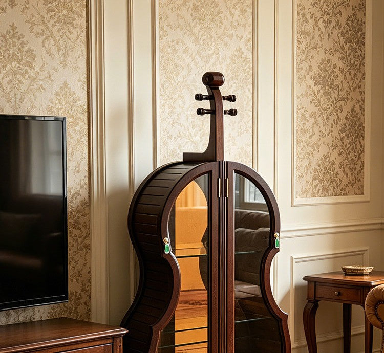 Solid Wood Violin Wine Cabinet with Glass Doors and LED Light