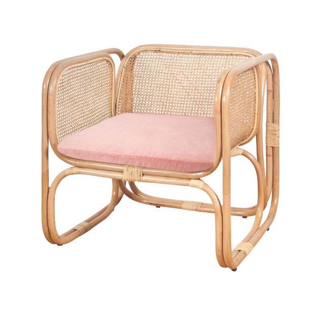 Rattan Accent Chair with Pink Cushion, Natural Cane Lounge Chair, Boho Wicker Armchair for Living Room, Bedroom, Balcony, Sunroom, Covered Patio, Reading Nook, Cafe, and Apartment Decor