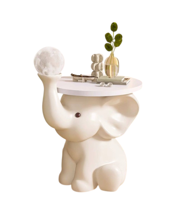 Cream White Resin Elephant Side Table with Round Wood Top and 3-Color Touch Moon Night Light, Modern Cute Accent End Table for Living Room, Bedroom, Nursery and Sofa Side