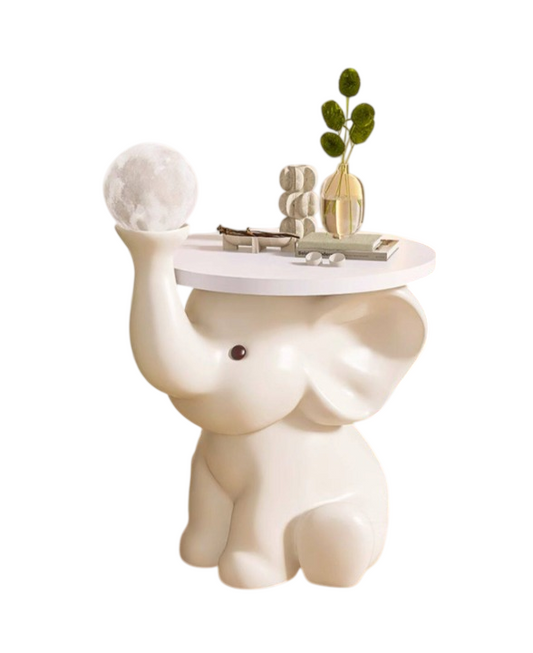 Cream White Resin Elephant Side Table with Round Wood Top and 3-Color Touch Moon Night Light, Modern Cute Accent End Table for Living Room, Bedroom, Nursery and Sofa Side