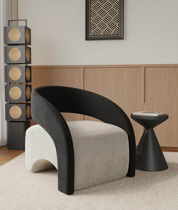 Black and White Accent Chair, Curved Upholstered Lounge Chair for Living Room