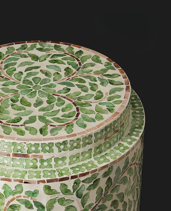 Green Mother of Pearl Inlay Drum Stool, Floral Vine Accent Side Table, Handmade Round End Table with MDF Core, Decorative Garden Stool for Living Room, Bedroom, Entryway, Vanity