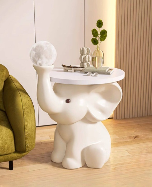 Cream White Resin Elephant Side Table with Round Wood Top and 3-Color Touch Moon Night Light, Modern Cute Accent End Table for Living Room, Bedroom, Nursery and Sofa Side