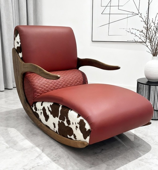 Mid Century Genuine Leather Chaise Lounge Chair with Ash Wood Arms, Wine Red Rocking Accent Chair, Designer Single Sofa Lounger for Living Room, Bedroom, Reading Nook and Lounge