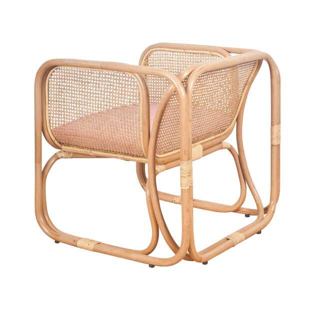 Rattan Accent Chair with Pink Cushion, Natural Cane Lounge Chair, Boho Wicker Armchair for Living Room, Bedroom, Balcony, Sunroom, Covered Patio, Reading Nook, Cafe, and Apartment Decor