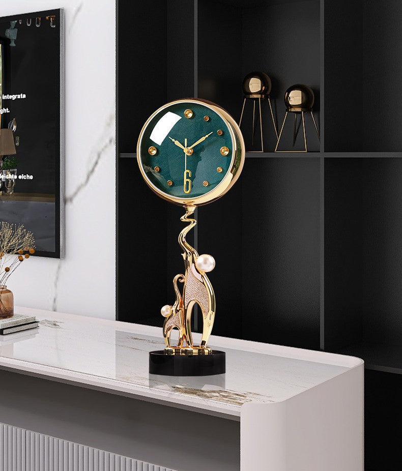 Green Elephant Table Clock, Gold Tone Decorative Desk Clock with Leather Look Dial and Crystal Style Accents, Modern Luxury Mantel Clock for Living Room, Office, Bedroom, Shelf Decor